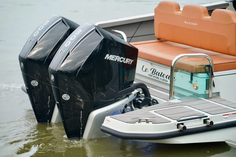  Yacht Photos Pics 2023 Saxdor 320 GTO with dual Mercury 300 V8 engines, featuring sleek design and luxury seating.