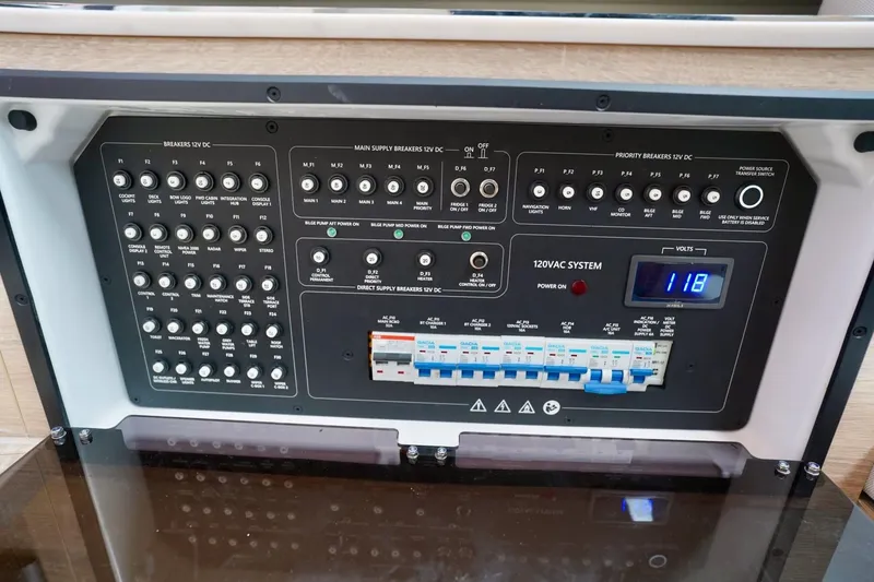  Yacht Photos Pics Control panel of 2023 Saxdor 320 GTO boat, featuring 12V DC and 120VAC systems.