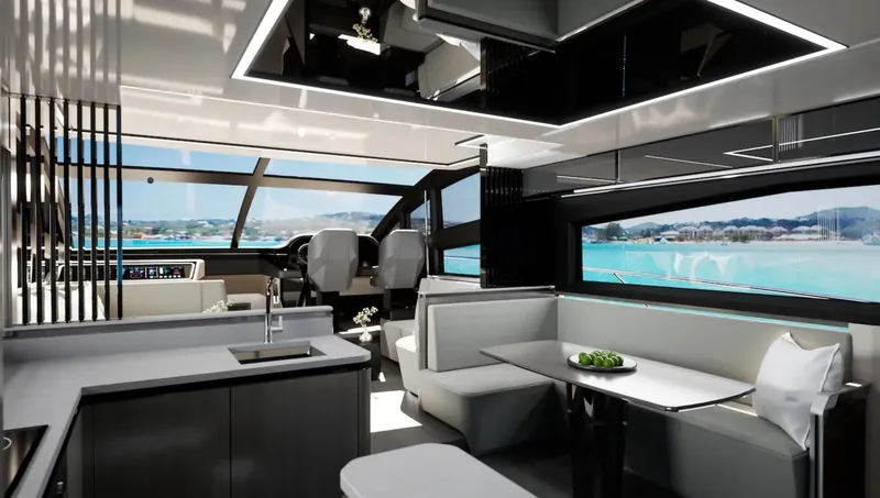  Yacht Photos Pics Luxurious interior of 2025 Pearl 63 yacht with modern design and scenic ocean view.