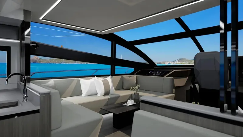  Yacht Photos Pics Luxurious interior of 2025 Pearl 63 yacht with modern seating and panoramic windows.