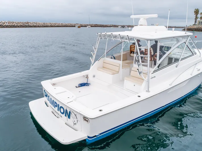 Champion Yacht Photos Pics 2022 Viking 38 Open Billfish boat on calm water, rear view.