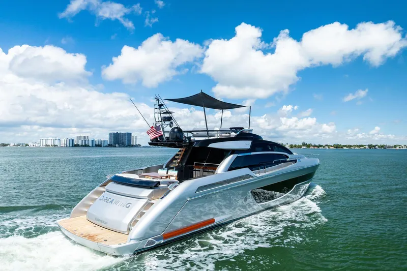 Dreaming Yacht Photos Pics Luxury 2023 Riva 76 PERSEO Super yacht cruising on a sunny day.