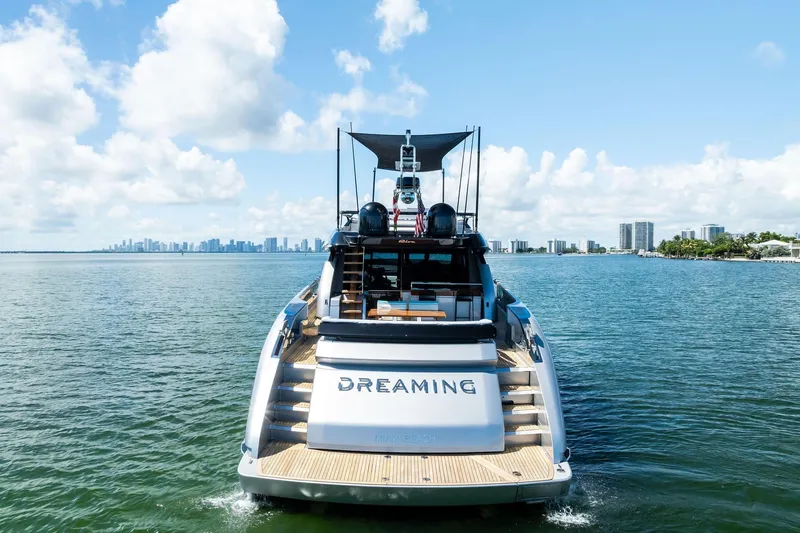 Dreaming Yacht Photos Pics Luxury yacht Riva 76 PERSEO Super 2023 on water with city skyline background.