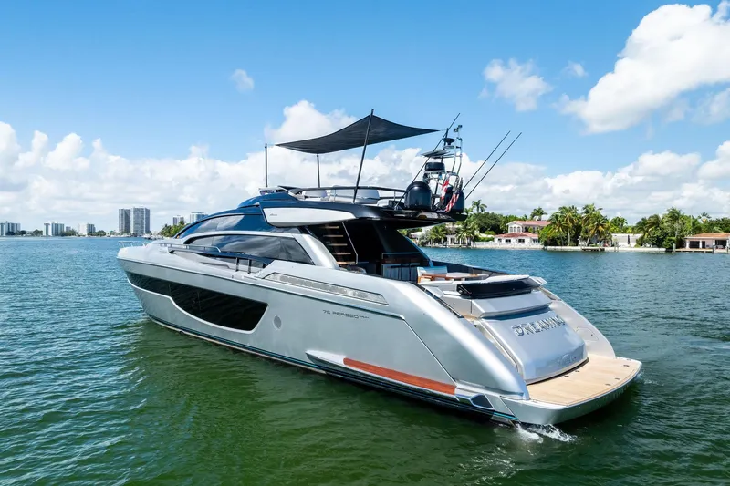 Dreaming Yacht Photos Pics Luxury 2023 Riva 76 PERSEO Super yacht cruising on a sunny day.