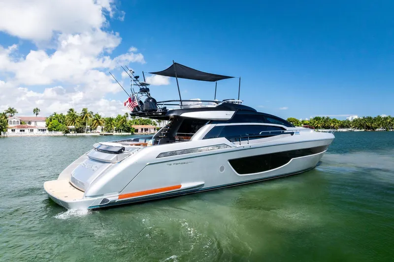 Dreaming Yacht Photos Pics Luxury 2023 Riva 76 PERSEO Super yacht cruising on a sunny day.