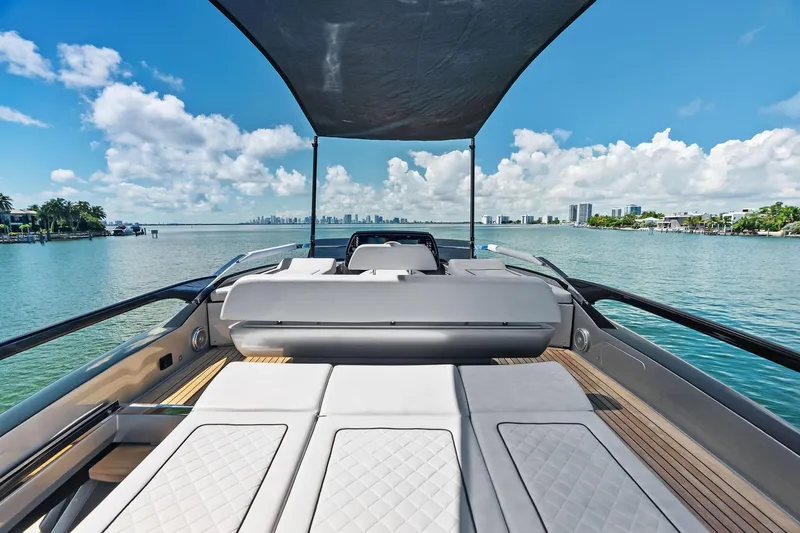 Dreaming Yacht Photos Pics Luxurious 2023 Riva 76 PERSEO Super yacht deck with stunning ocean view.