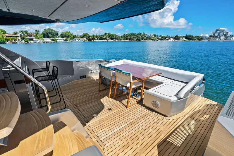 Dreaming Yacht Photos Pics Luxurious deck of 2023 Riva 76 PERSEO Super yacht with scenic waterfront view.