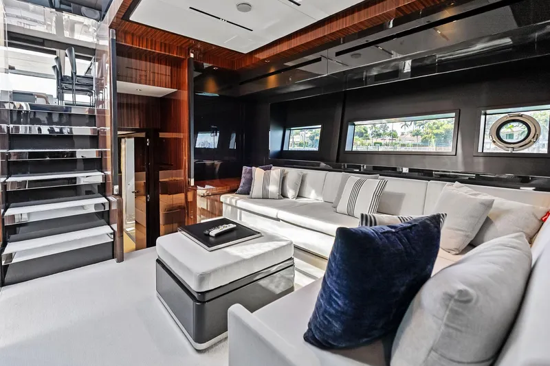 Dreaming Yacht Photos Pics Luxurious interior of 2023 Riva 76 PERSEO Super yacht with modern seating and elegant design.