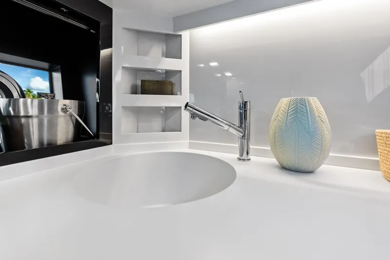 Dreaming Yacht Photos Pics Luxury yacht Riva 76 PERSEO Super 2023 interior with modern sink and elegant decor.