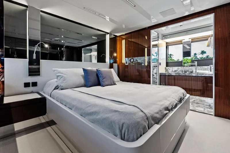 Dreaming Yacht Photos Pics Luxurious bedroom interior of 2023 Riva 76 PERSEO Super yacht with modern design elements.