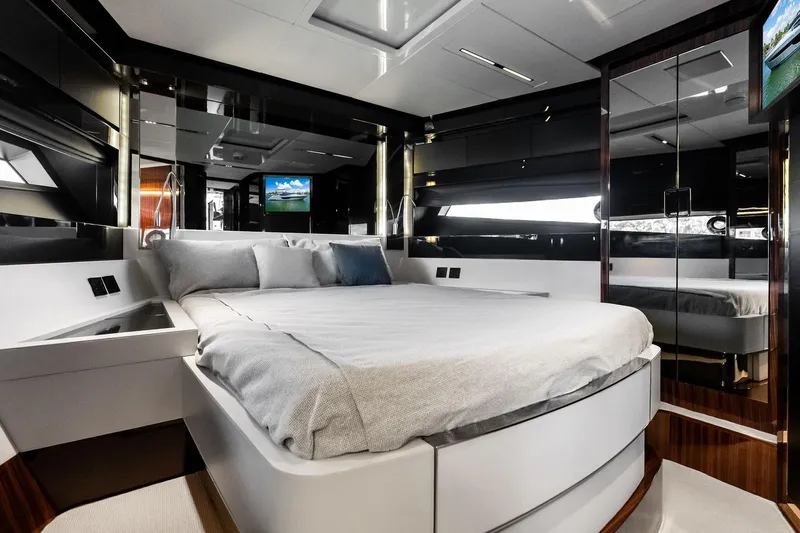 Dreaming Yacht Photos Pics Luxurious bedroom interior of 2023 Riva 76 PERSEO Super yacht with modern design elements.