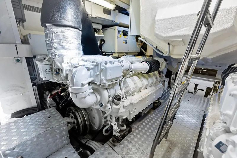Dreaming Yacht Photos Pics Engine room of 2023 Riva 76 PERSEO Super yacht, showcasing powerful machinery and sleek design.