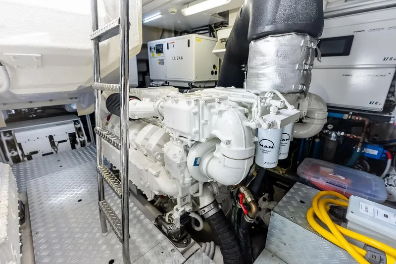 Dreaming Yacht Photos Pics Engine room of 2023 Riva 76 PERSEO Super yacht, featuring MAN engines and modern equipment.