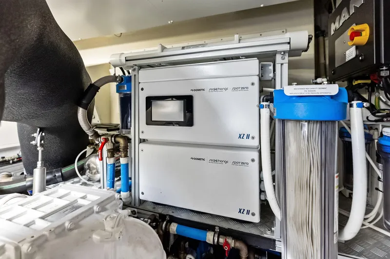 Dreaming Yacht Photos Pics Engine room of 2023 Riva 76 PERSEO Super yacht, featuring advanced filtration system.