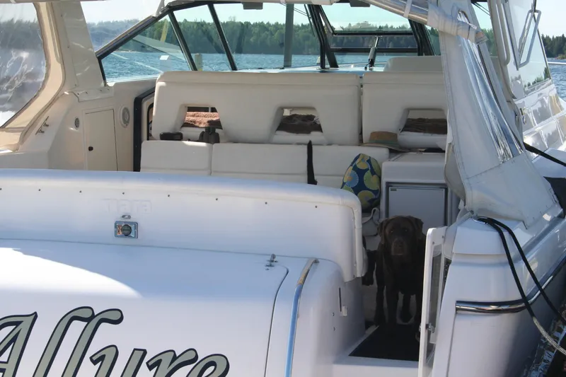  Yacht Photos Pics 2001 Tiara Yachts 4000 Express boat with white seating and scenic water backdrop.