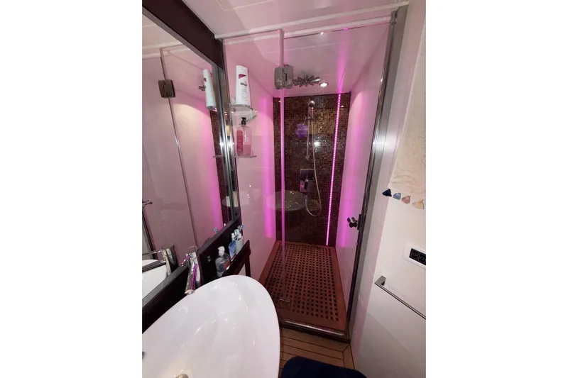  Yacht Photos Pics Luxurious bathroom with pink-lit shower in 2008 Evo Marine Deauville 76 yacht.