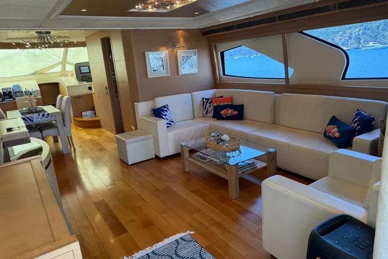  Yacht Photos Pics Luxurious interior of 2008 Evo Marine Deauville 76 yacht with elegant seating and scenic window views.