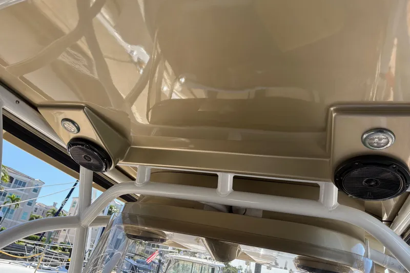  Yacht Photos Pics 2012 Nor-Tech 340 Sport Center Console boat speakers and canopy detail.