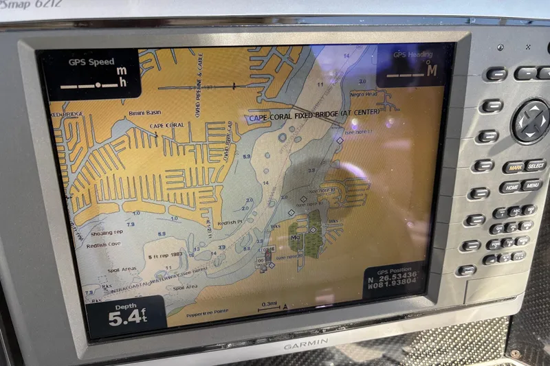  Yacht Photos Pics Garmin GPS map display on 2012 Nor-Tech 340 Sport Center Console boat, showing Cape Coral area.