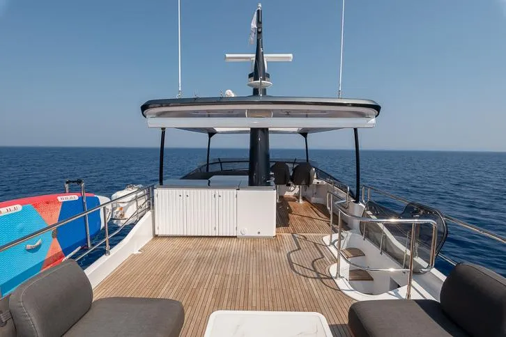 Grey T Yacht Photos Pics Azimut Magellano 66 yacht deck, 2021 model, with ocean view and seating area.