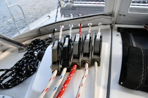 Mandala Yacht Photos Pics Sailing ropes and cleats on a 2002 Catalina 42 MkII yacht deck.