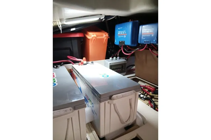 Mandala Yacht Photos Pics Electrical system setup in a 2002 Catalina 42 MkII sailboat, featuring batteries and wiring.