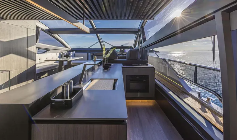  Yacht Photos Pics Luxurious interior of 2025 Pearl 72 yacht with ocean view and modern design.