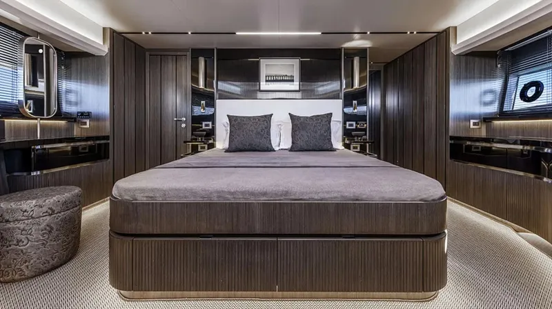  Yacht Photos Pics Luxurious interior of 2025 Pearl 72 yacht with elegant bedroom design.