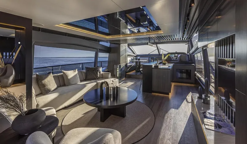  Yacht Photos Pics Luxurious interior of 2025 Pearl 72 yacht with modern design and ocean view.