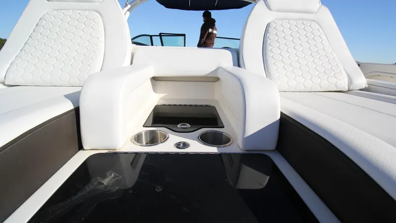 Finding Dori Yacht Photos Pics 2017 Sea Ray SDX 290 Outboard interior with white seating and cup holders.