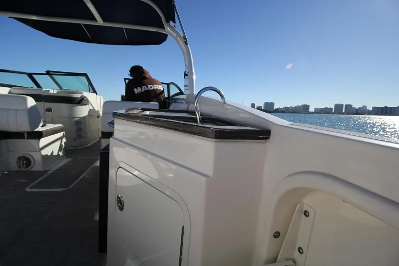 Finding Dori Yacht Photos Pics 2017 Sea Ray SDX 290 Outboard boat interior with sink, overlooking water and city skyline.