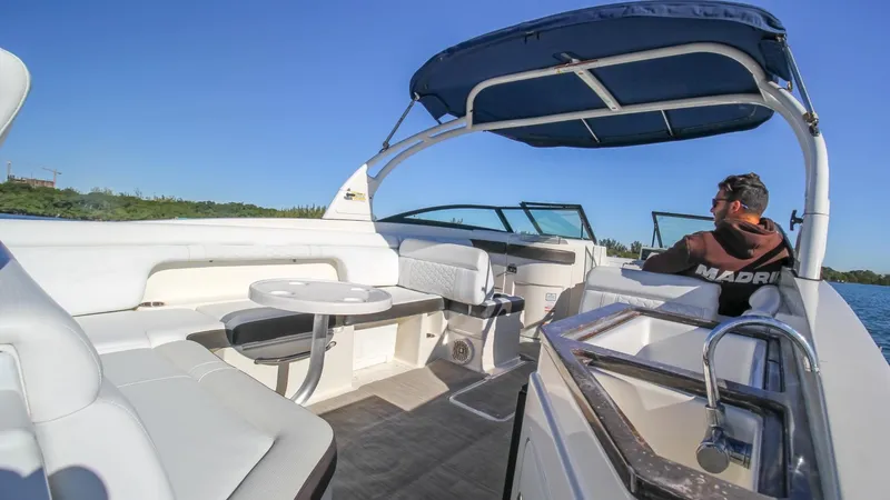 Finding Dori Yacht Photos Pics 2017 Sea Ray SDX 290 Outboard boat interior with seating and canopy on a sunny day.