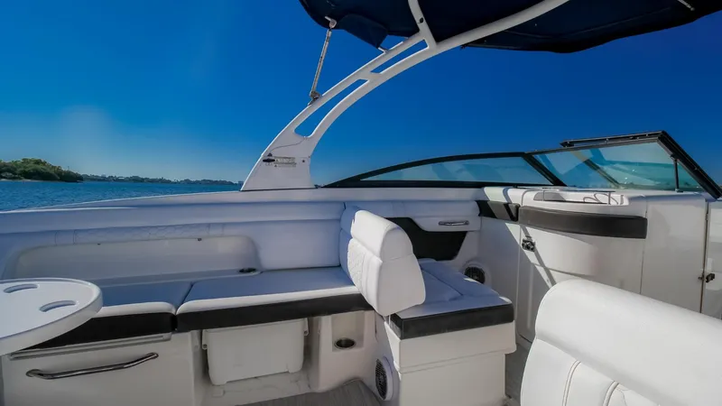 Finding Dori Yacht Photos Pics 2017 Sea Ray SDX 290 Outboard interior with white seating and blue canopy on a sunny day.