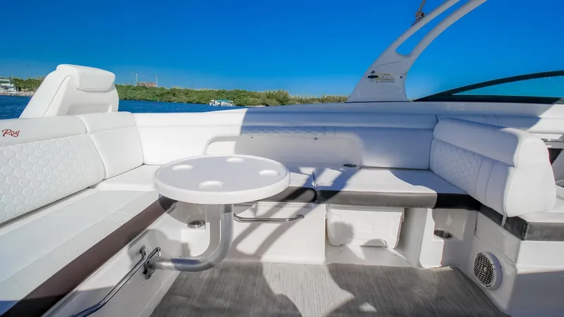 Finding Dori Yacht Photos Pics 2017 Sea Ray SDX 290 Outboard interior with white seating and round table, under clear blue sky.