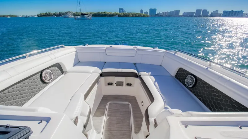 Finding Dori Yacht Photos Pics 2017 Sea Ray SDX 290 Outboard boat interior with spacious seating, overlooking a scenic waterfront.