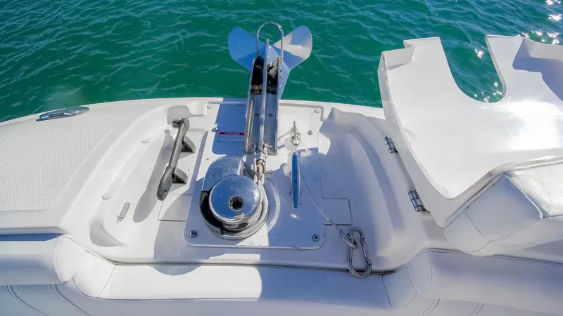 Finding Dori Yacht Photos Pics 2017 Sea Ray SDX 290 Outboard boat anchor system on deck, surrounded by blue water.