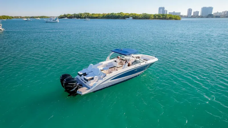 Finding Dori Yacht Photos Pics 2017 Sea Ray SDX 290 Outboard boat on clear blue water, city skyline in background.