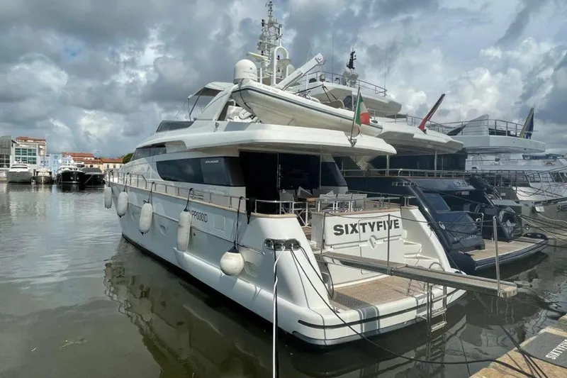  Yacht Photos Pics Luxury Sanlorenzo SL72 yacht docked at marina, 2010 model.