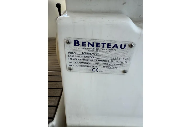 Vision 360 Yacht Photos Pics Plaque on Beneteau First 435 sailboat, model year 2012, displaying specifications and capacity.