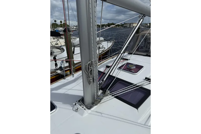 Vision 360 Yacht Photos Pics Beneteau First 435 sailboat deck, 2012 model, with rigging and hatch, docked at marina.