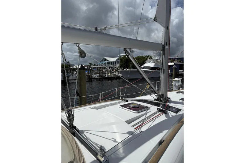 Vision 360 Yacht Photos Pics Sailboat Beneteau First 435, 2012 model, docked at marina under cloudy sky.