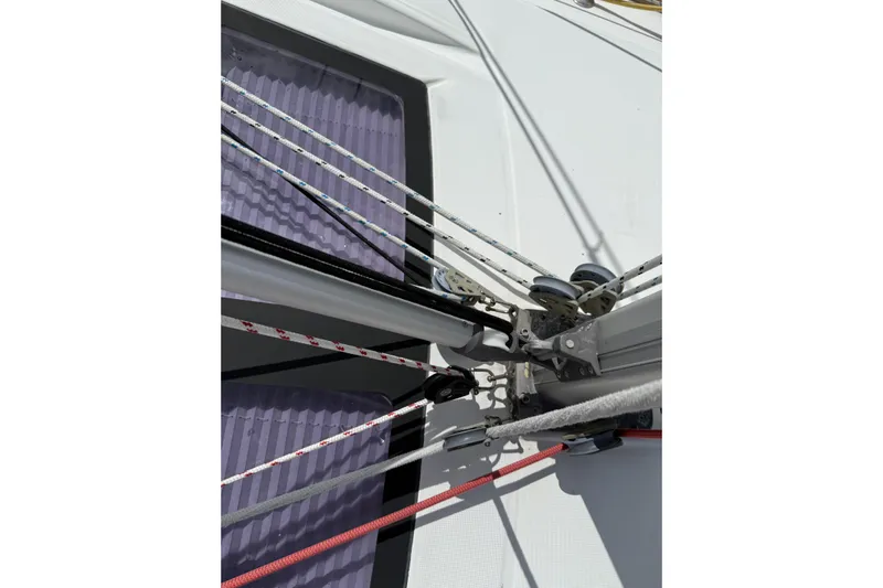 Vision 360 Yacht Photos Pics Close-up of Beneteau First 435 sailboat rigging, showcasing ropes and pulleys, 2012 model.