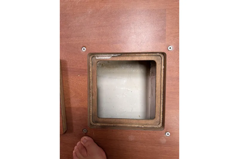 Vision 360 Yacht Photos Pics Open hatch on Beneteau First 435 sailboat, 2012 model, with visible wooden flooring.