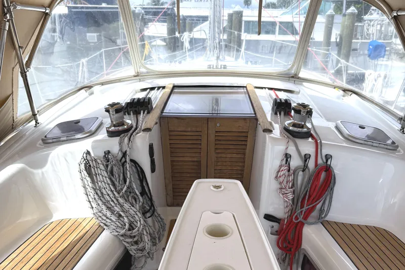 Vision 360 Yacht Photos Pics Cockpit view of 2012 Beneteau 43 sailboat cockpit with teak flooring and equipment offered by Ward Yacht Sales