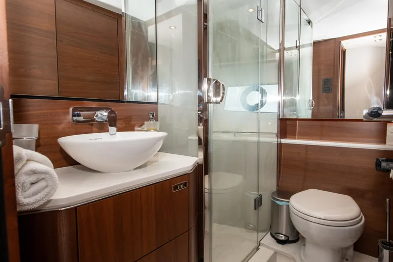 Wheelhouse Yacht Photos Pics Luxurious bathroom in 2021 Princess S66 yacht with modern fixtures and wooden cabinetry.