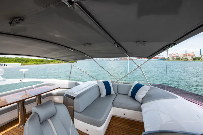Wheelhouse Yacht Photos Pics Luxurious 2021 Princess S66 yacht interior with elegant seating and scenic water view.