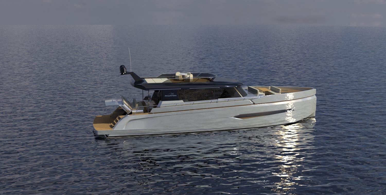 Luxury Phantom Spook Fly 62 yacht on calm water, 2026 model.