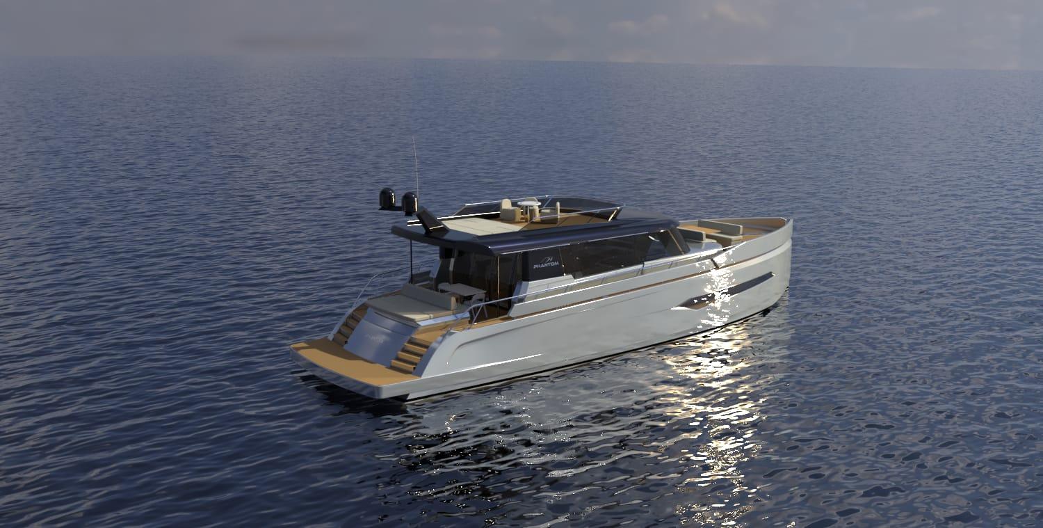 Luxurious 2026 Phantom Spook Fly 62 yacht cruising on calm ocean waters.