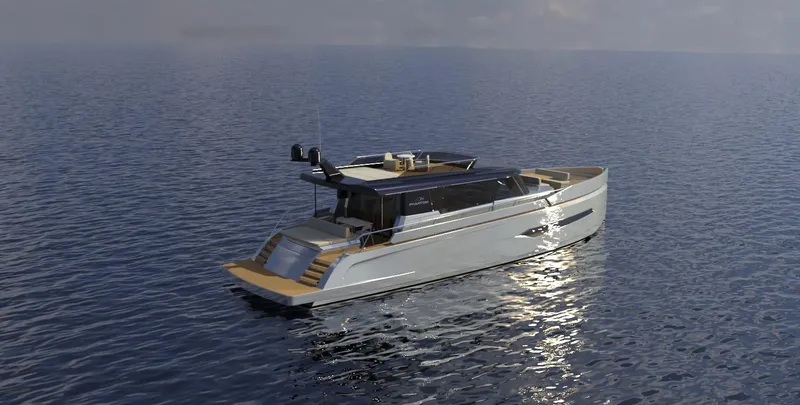  Yacht Photos Pics Luxurious 2026 Phantom Spook Fly 62 yacht cruising on calm ocean waters.