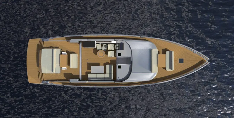  Yacht Photos Pics Top view of 2026 Phantom Spook Fly 62 yacht on water.